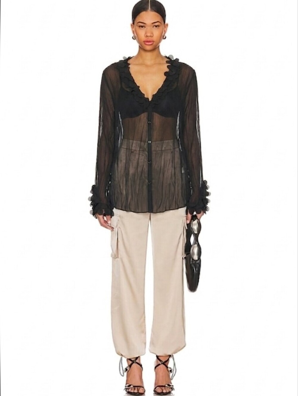 Claudia Richard NEW Y2K Sheer Petal Trim M Blouse Button Down Goth Top Black